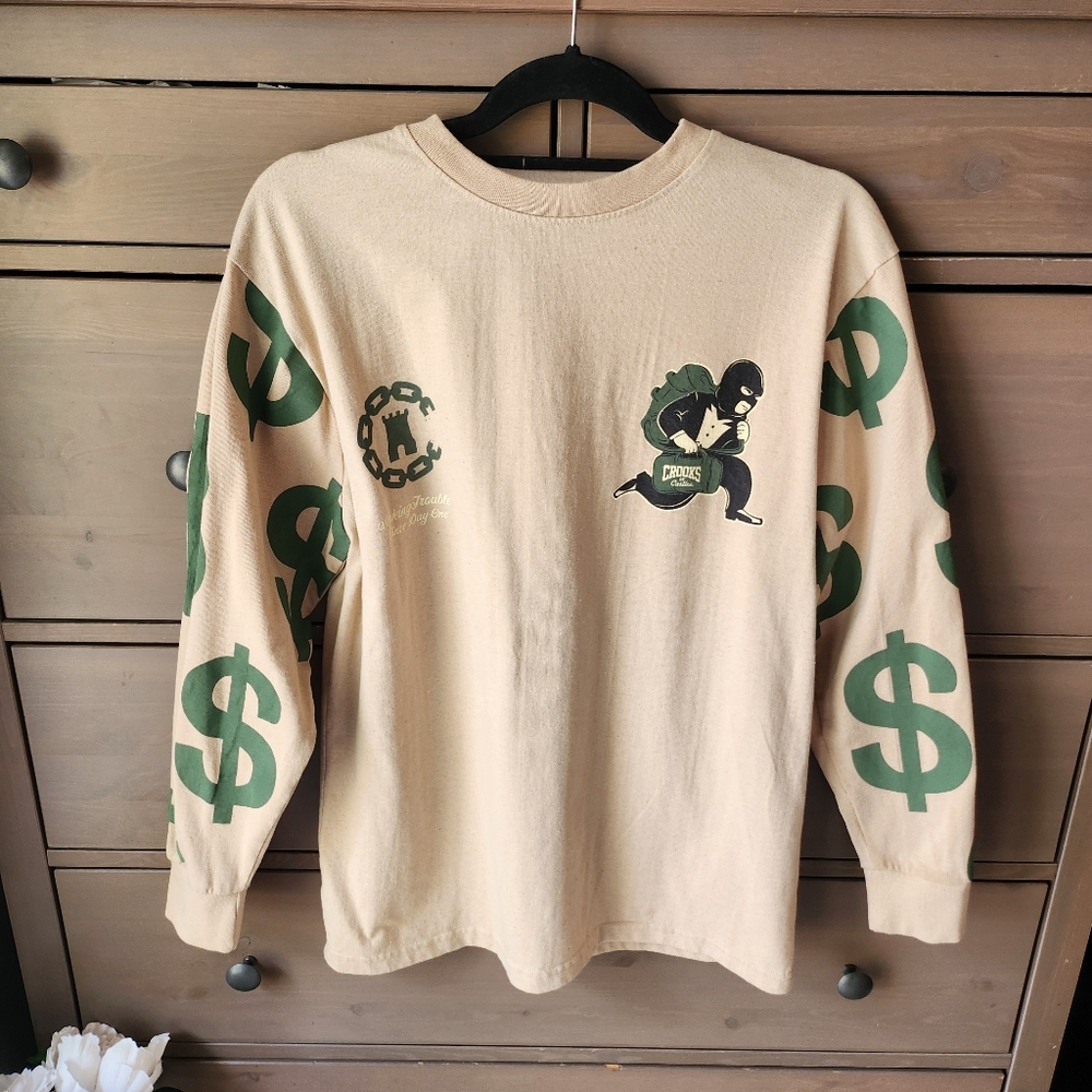 Crooks & Castles Money Sleeves , Long Sleeve Beige And Green